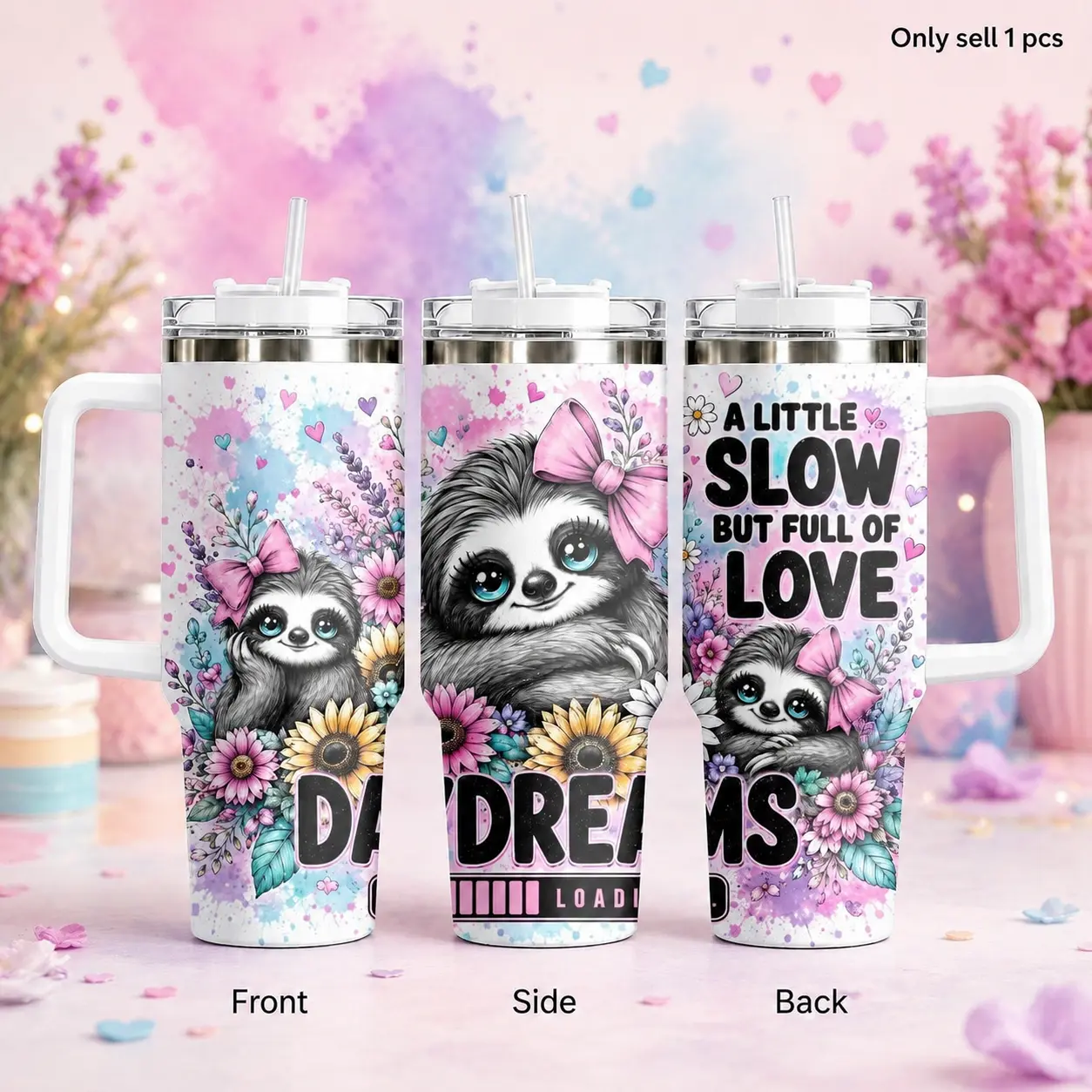 GuLuBoo Floral Sloth Animals 40oz (1,000-2,000 ml) Double-Wall Stainless Steel Vacuum Flask Tumbler - Leakproof, Anti-Scalding, Cup Holder Friendly, Easy Carry, with Straw & Handle, Eco-Friendly & Durable, Portable for Gym Girls, Ideal Kitchenware Gift