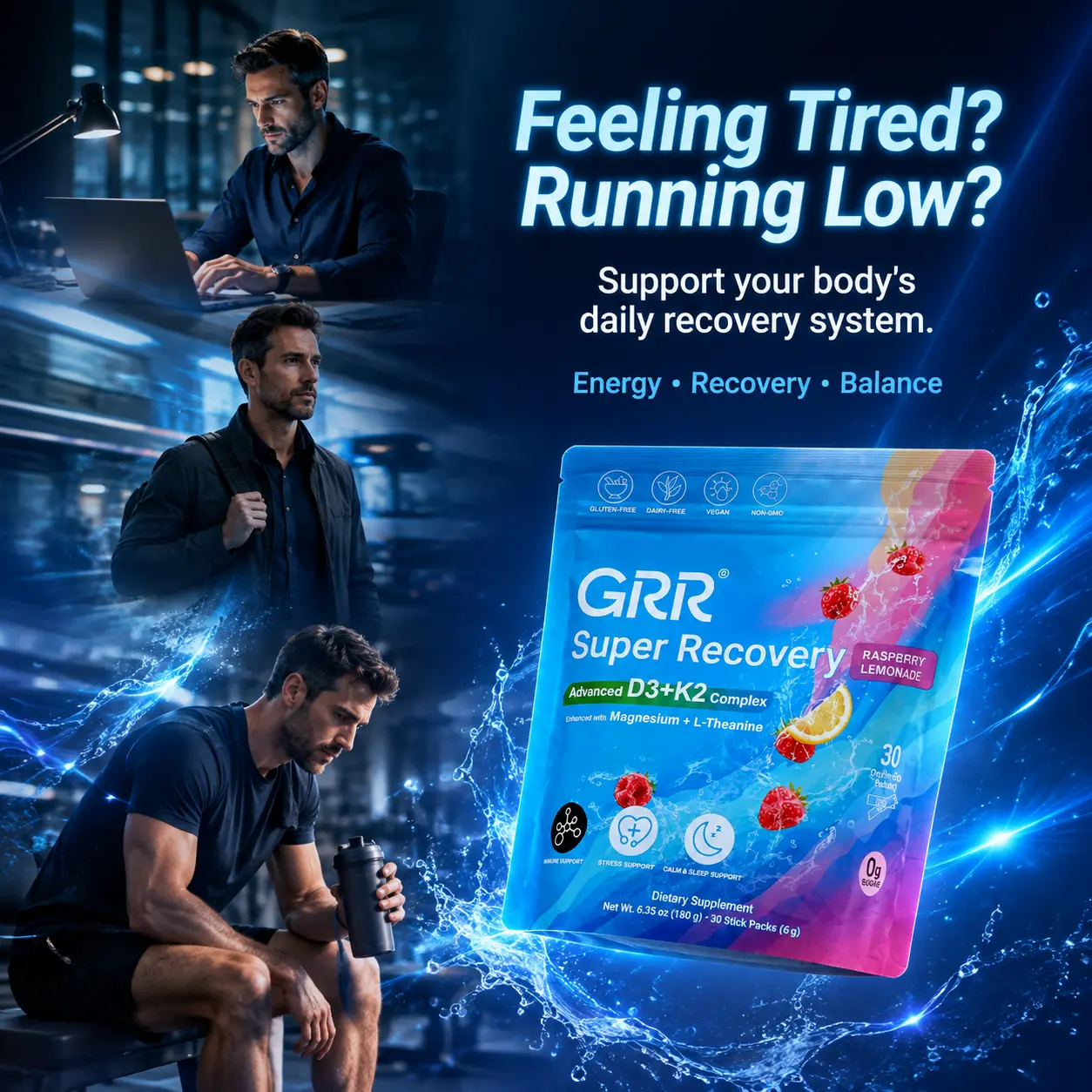 GRR Super Recovery for Men | Daily Performance & Recovery Formula with Vitamin D3 K2, Magnesium Glycinate & L-Theanine | Energy, Focus & Wellness Support | 30 Stick Packs