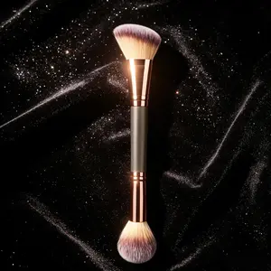 Champagne Gold Double-Ended Foundation Makeup Brush Angled/Round Top for Liquid Powder & Cream Blending Brown Wand All Double-Ended Blush & Powder Brush Set