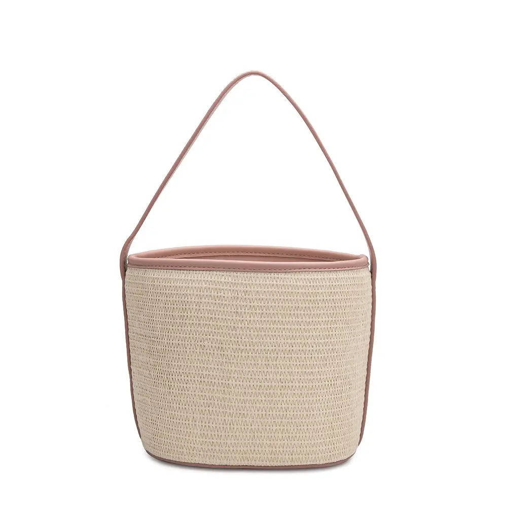 Melie Bianco Women's Chic Straw Bucket Crossbody Bag, Open Top with Vegan Leather Trim, Multi-Wear Top Handle & Shoulder Strap - Blush Pink, Crossbody Bags, Bucket Bag