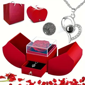 Mothers Day Necklace for Mom, Heart Shaped Preserved Rose I Love You in 100 Languages Necklace, Preserved Rose Necklace for Wife, Girlfriend, Mothers Day, Valentines Day Filler