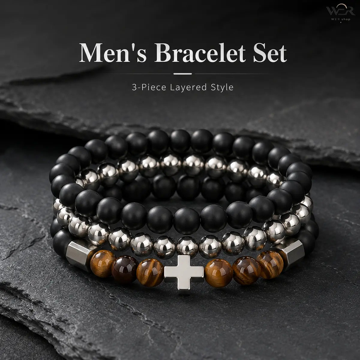 Men's Layered Bracelet Set, 3-Piece Faith-Based Jewelry with Tiger Eye & Matte Beads, Silver Cross Charm for Daily Wear, Faith-Based Message Bracelets & Bangles, Bold, Masculine, Black Matte, Biblical Themed Bracelets & Bangles, Christian Cross Bracelets