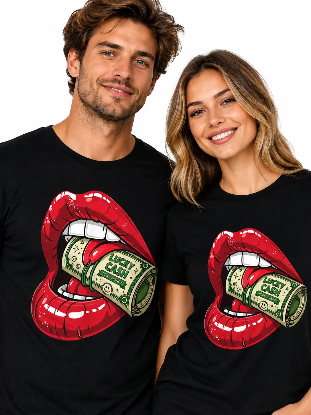 Lucky Cash Lips Graphic Tee, Oversized Black Cotton T Shirt for Women Men, Money Print Streetwear Top, Y2K Trendy Graphic Tees, Unisex Cute Shirt