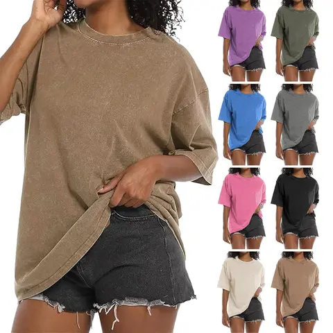 Holafish Lady's 100% Cotton Oversized Baggy Acid Washed Crewneck T-Shirt - Soft Solid Fabric, Casual Loose Fit Basic Top for Summer Streetwear, Beach Wear