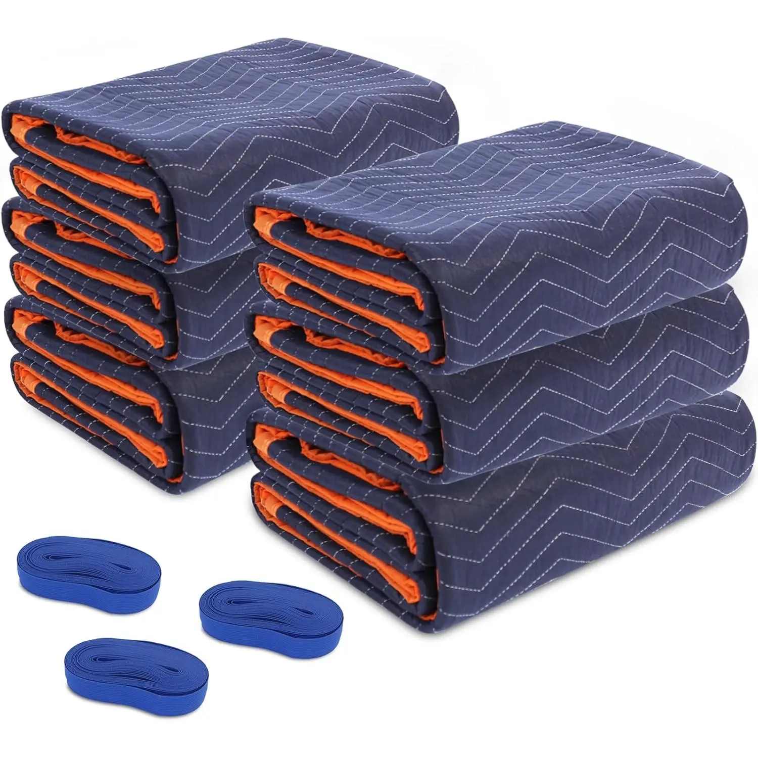 6 Moving Blankets 72x80in with 3 Elastic Rubber Band (196in Extendable to 400in) - Durable Quilted Moving Blanket-Heavy Duty Shipping Blankets (Total Weight 26.4 lbs,Black/Blue)