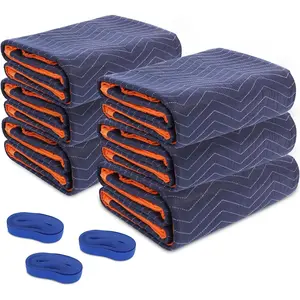 6 Moving Blankets 72x80in with 3 Elastic Rubber Band (196in Extendable to 400in) - Durable Quilted Moving Blanket-Heavy Duty Shipping Blankets (Total Weight 26.4 lbs,Black/Blue)
