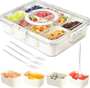 Pc Divided Serving Tray with Lid andHandle, Portable Snackle Box CharcuterieContainer for Party, Veggies, Snack, Fruit, Nuts,Candy, Christmas Tray Reusable Snack Box forEntertaining, Cream White