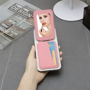 Card Holder MacSafe Mirror Compact with Pink Leather Finish and Dual Functionality for Makeup and Card Storage