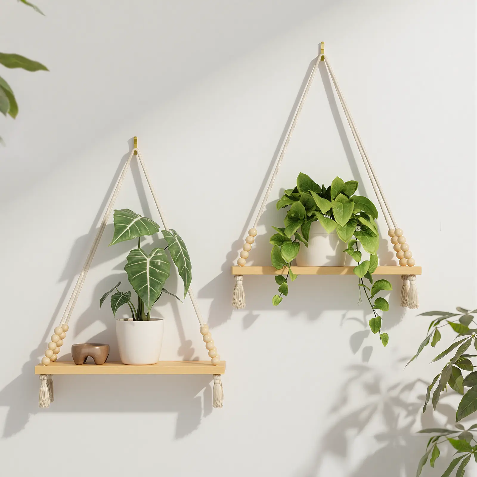 Bamworld 2-Count Unpainted Beaded Boho Natural Wooden Hanging Floating Shelves Set, Decorative Wall Hanging with Tassel Detail, Durable Wall Shelf with Sticky Hook, Universal Home Decor, Christmas Gift for Plant Lovers