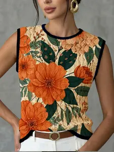 Women's Vintage Elegant Floral Print Round Neck Knit Vest, Casual Chic Sleeveless Top for Spring Summer Fall, Breathable Loose-Fitting Knitwear
