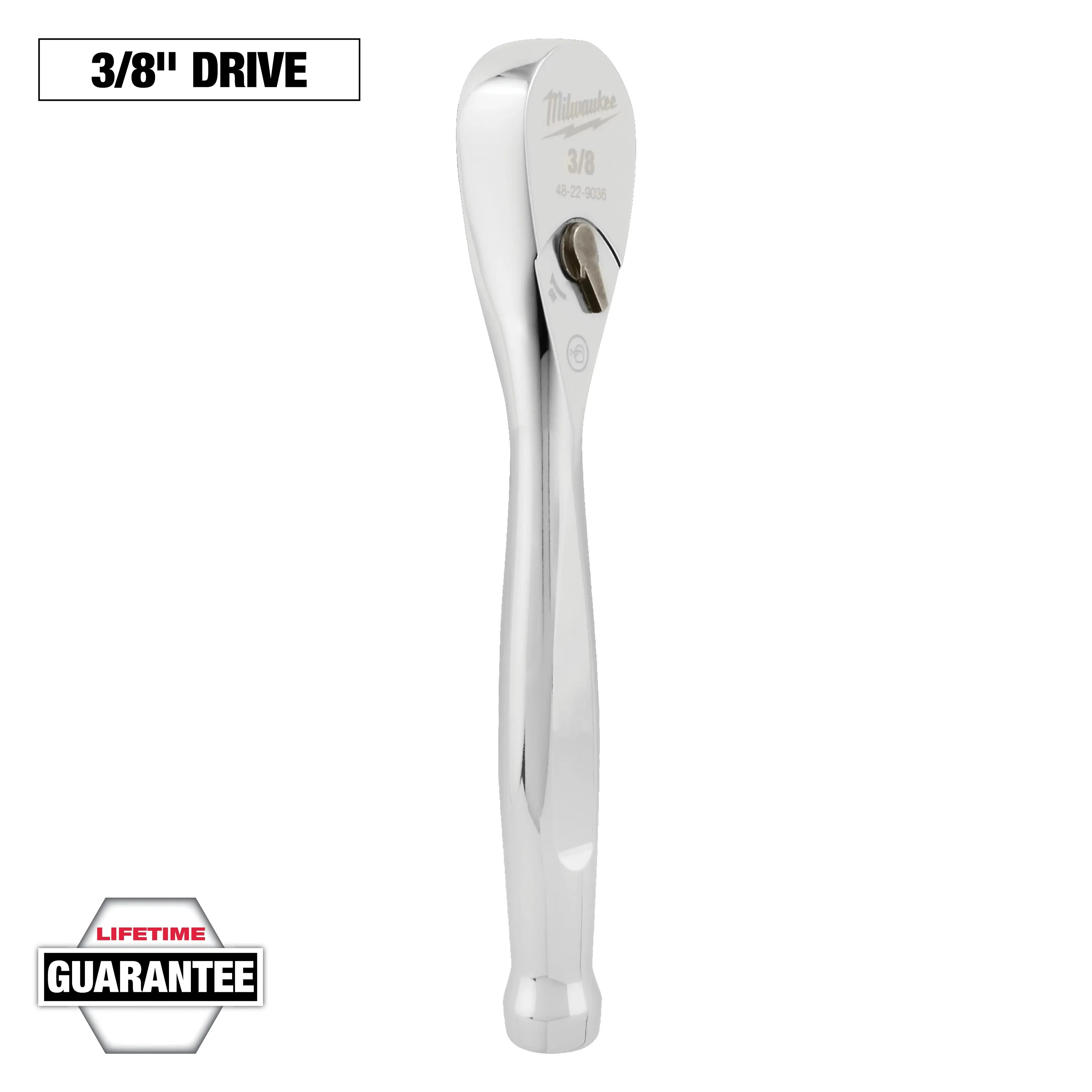Milwaukee 48-22-9036 All-Chrome Ratchet Wrench, 3/8" Drive, 5" Length, Slim-Profile Head, Professional Hand Tool