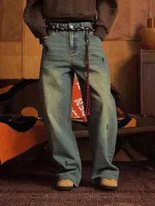 Men's mud yellow distressed Loose straight leg wide leg jeans with embroidered H-letter embellishment design, Vintage retro washed and polished white craft street style pants, simple retro City Boy style