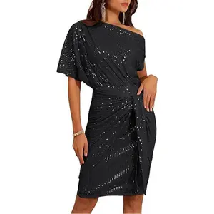 【New Arrival WomenSequined Party Dress Short SleeveAsymmetric Off Shoulder Bodycon Dressdenim tears dress flounce dress swingmini dress Formal Womenswear Comfort Basic Batwing Black Minimalist Shortsleeve