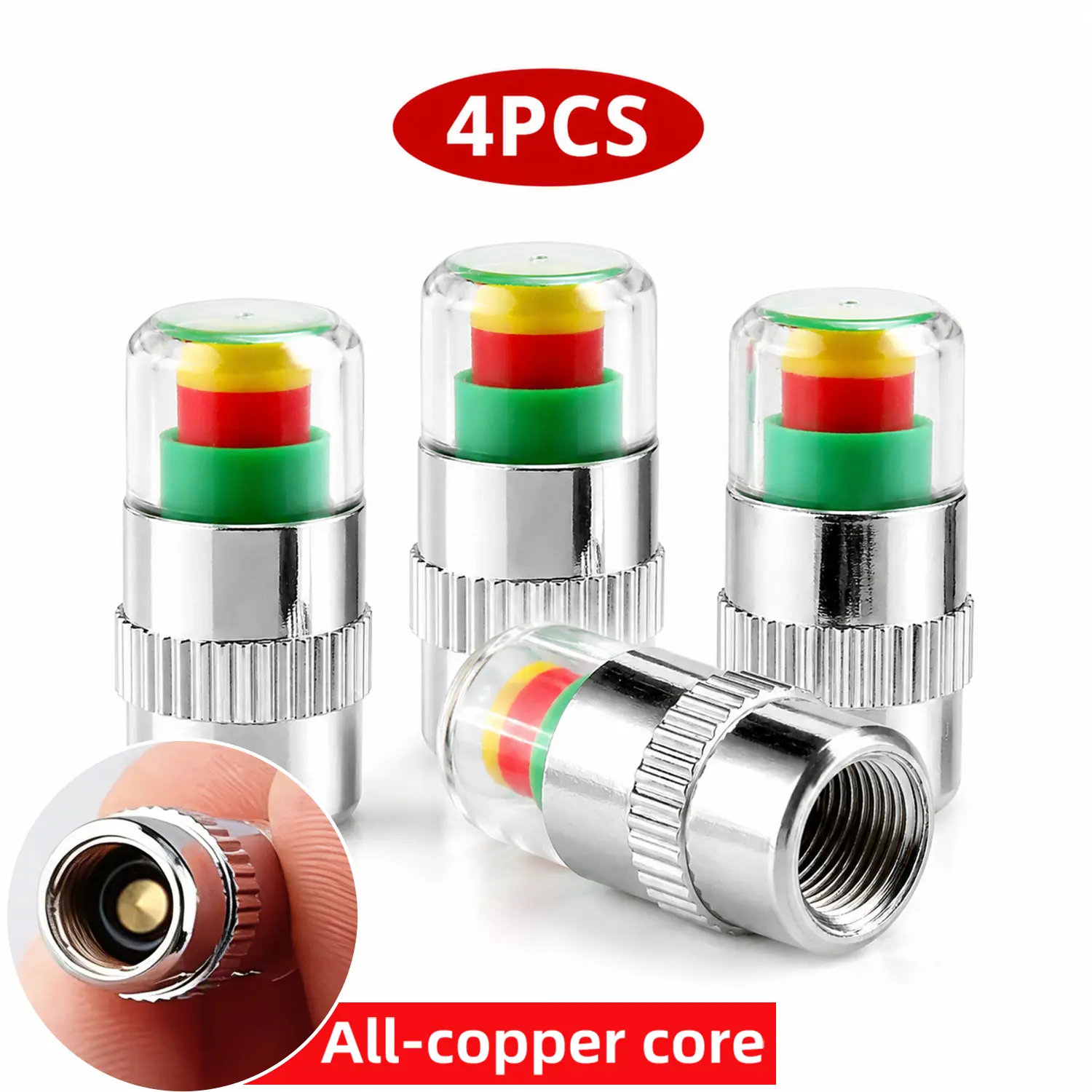4 Pcs Silver Car Parts Tire Pressure Monitor Valve Caps, Premium All-Copper Core, Visual Alert Indicator, Real-Time Tyre Pressure Monitoring System Tools, Enhances Vehicle Handling, Reduces Tire Blowouts for Automotive Use
