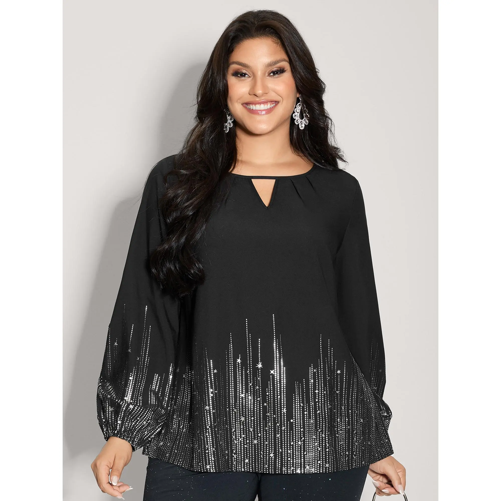 BloomChic Women's Plus Size Shimmery Metallic Blouse, Cocktail Party Top with Lantern Sleeves and Cut-Out Detail, Regular Fit