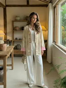 New Chinese Style Stand Collar Printed Buttoned Coat for Women, Vintage Colorblock Vacation Beach Patchwork Loose Shirt Top