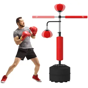 4-in-1 Boxing Stand – 2 Speedballs, 360° Reflex Bar & PU Bag. Adjustable Height 63"-90.6". Fillable Base (Sand/Water) + 12 Suction Cups. Red
