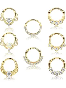 8pcs 16g Septum Clicker Ring, Stainless Steel Cz Opal Cartilage Helix Tragus Daith Hoop, Casual Piercing Jewelry for All Seasons Nose Rings Hoops High Quality Jewelry