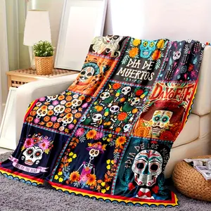 An Antique Mexican Day of the Dead Printed Flannel Blanket - All-Season Use, Stain-Resistant and Tear-Resistant, Machine Washable, Patchwork Digital Printed Polyester Blanket, Multi-Purpose Soft and Warm, Weight 200-250 Grams
