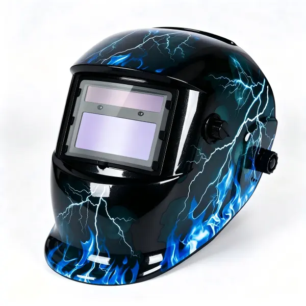 Welding Helmet Auto Darkening Solar Powered, Blue Flame Lightning Graphic 1/1/1/1 True Color Welder Hood, 2 Arc Sensors Fast Response, Adjustable DIN Shade 4/9-13 Protective Mask for TIG MIG ARC Plasma Cutting Grinding