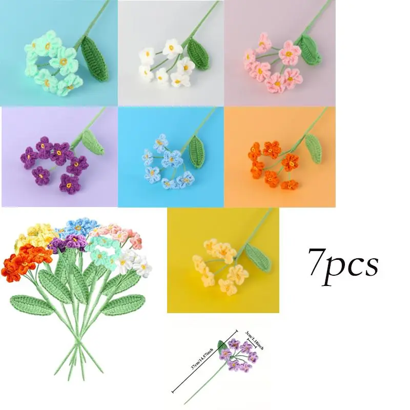 7PCS Handmade Knitted Crochet Forget-Me-Not Flower Bouquet - Hand-Woven Suitable for Weddings, Birthdays, Anniversaries, Multicolor Artificial Flowers for Decor, Table Centerpieces, Wedding Arch