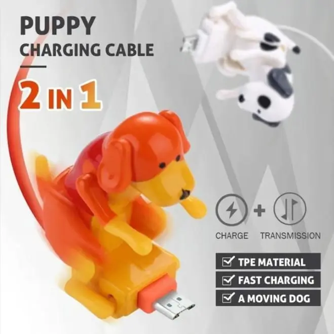 Funny Dog Copper Charging Cable - 1.2m TPE Material, Superfast Charging Solution with USB Data Transmission, White-Orange, Mini Graduation Gift, Compatible with Lightning Cables, Type-C & iPhone Devices