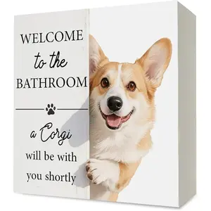 Corgi Bathroom Decor, Funny Corgi Wooden Box Sign Desk Decor, Welcome to the Bathroom a Dog Will Be with Wood Block Signs for Washroom Shelf Decorations, 5x5 Inch