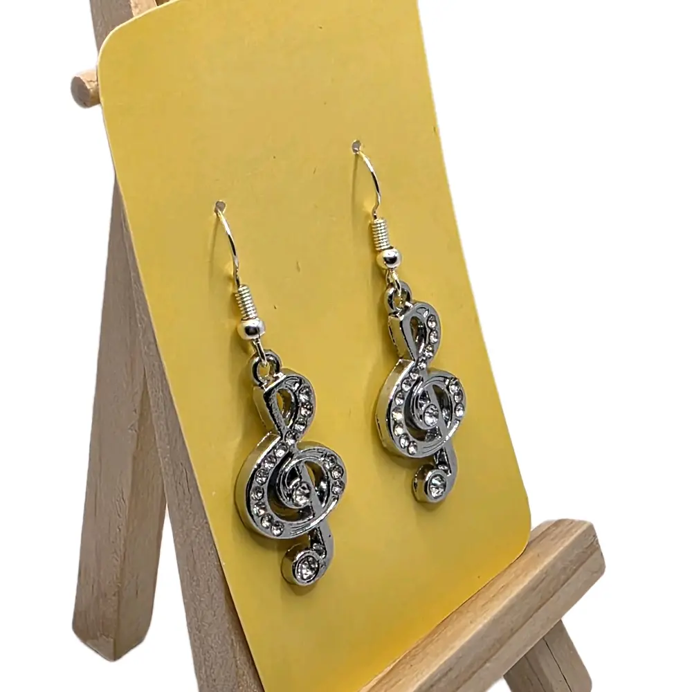 Glittery Musical Theme Earrings - Hook Design, Metal Coating, Glittery Finish, Bling Effect, Lightweight Wear, Glamorous Earrings for Music Lovers, Versatile Accessory for Key Occasions