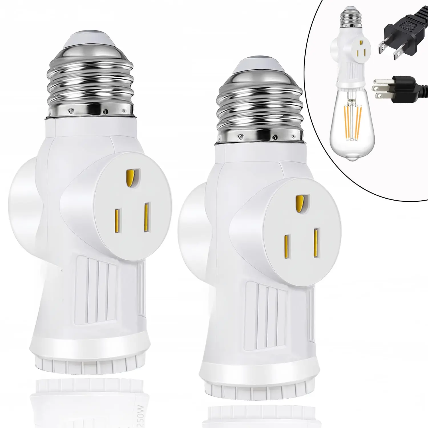 E26 Light Socket Adapter - Easy to Install, Heat Resistant Power Outlet Converter for 2/3 Prong Outlets, Widely Used for Garage, Porch