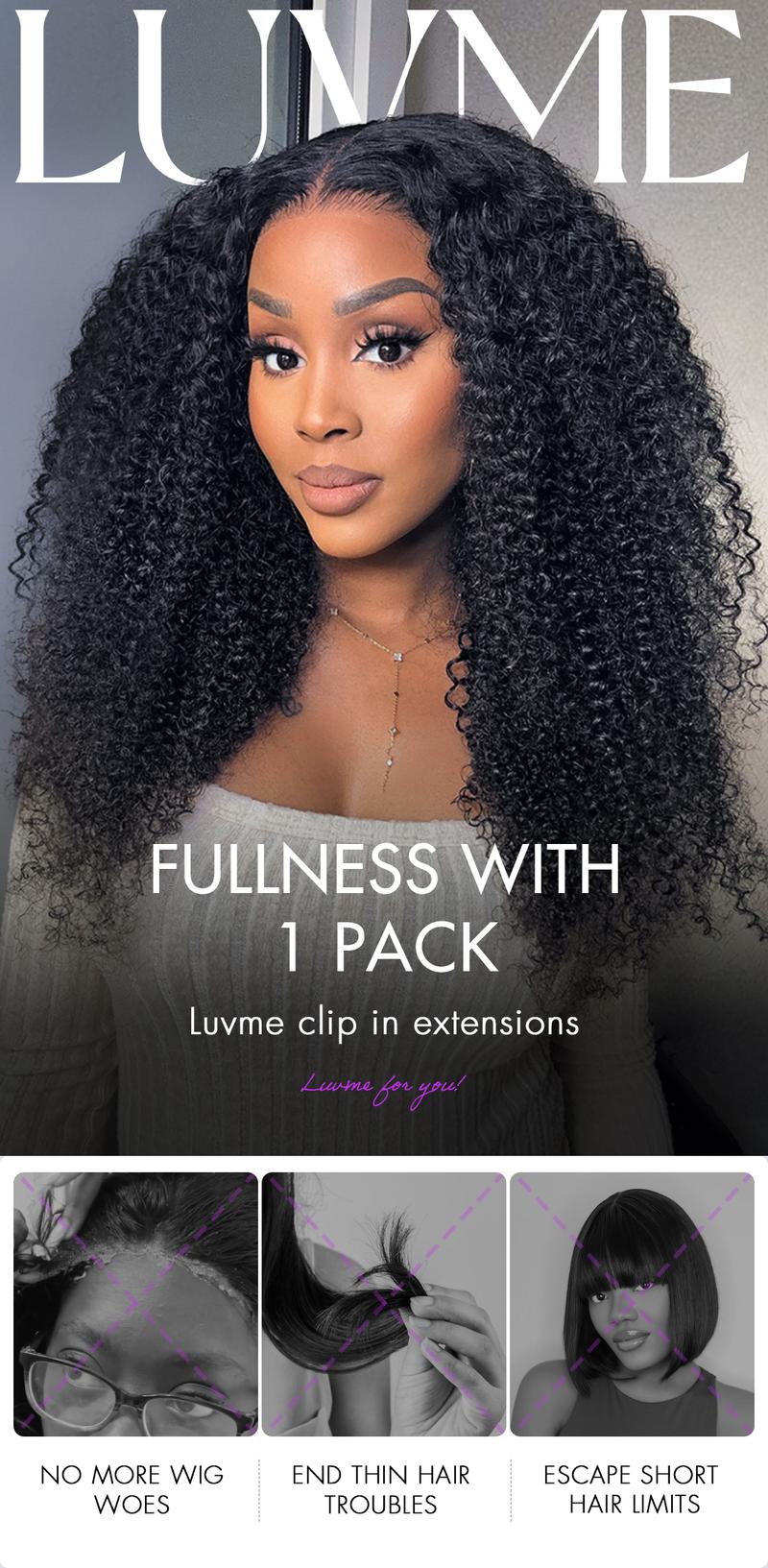 LUVME 100% Virgin Human Hair Extensions Seamless & Invisible Edge Straight, Body Wave, Kinky Curly, Yaki Straight, Messy Burmese Curl Clip-In