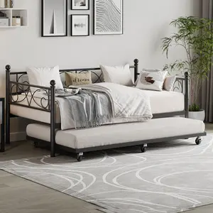 Black Daybed with Trundle Bed, Twin Size Metal Day Bed with Floral Headboard, Modern Metal Sofe Bed Frame with Pull-Out Trundle, Heavy Duty Steel Slats Supports, for Living Room, Guest Room