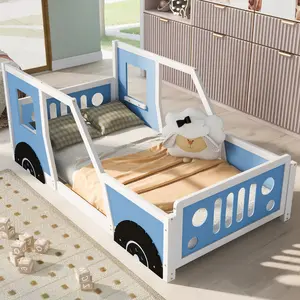 Twin Size Floor Bed for Montessori Bed Frame with Fence and Door, Solid Wood Car-Shaped Twin Bed Frame, Slats Included, No Box Spring Needed