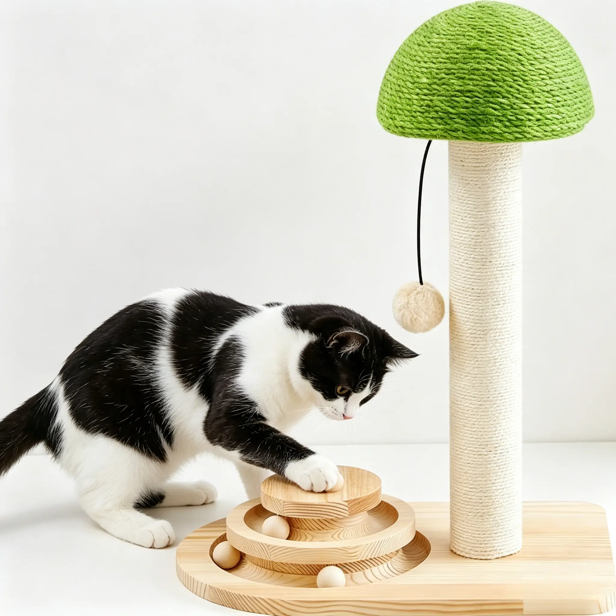 Mushroom 2-in-1 Cat Scratching Post, Sisal-Wrapped Cat Scratcher with Wooden Ball Track Toy and Hanging Pom-Pom for Indoor Cats