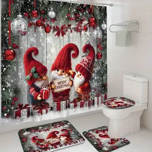 4pcs Christmas gnome design, Merry Christmas, exquisite shower curtain set, non-slip floor mat, U-shaped carpet, toilet lid cover, perfect for bathroom decoration, partition, beautify the space, 12 shower curtain hooks are given