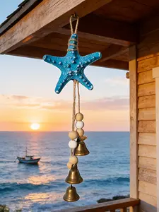 Coastal Resin Starfish Wind Chime with Bell, Blue Starfish, Wooden Beads, Metal Bell, Beach Decor for Home, Patio, Porch, Summer, Mediterranean, Bohemian Style