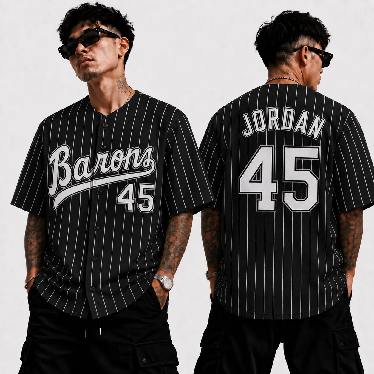 Black Pinstripe Baseball Jersey, Number 45 Button-Up Sports Shirt, Vintage Black White Game Day Top, Unisex Casual Jersey