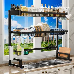 Over The Sink Dish Drying Rack (Expandable Height and Length) Snap-On Design 2 Tier Large Dish Rack Stainless Steel (31-39.5L x 12W x 34-38H (inches)) Organiser