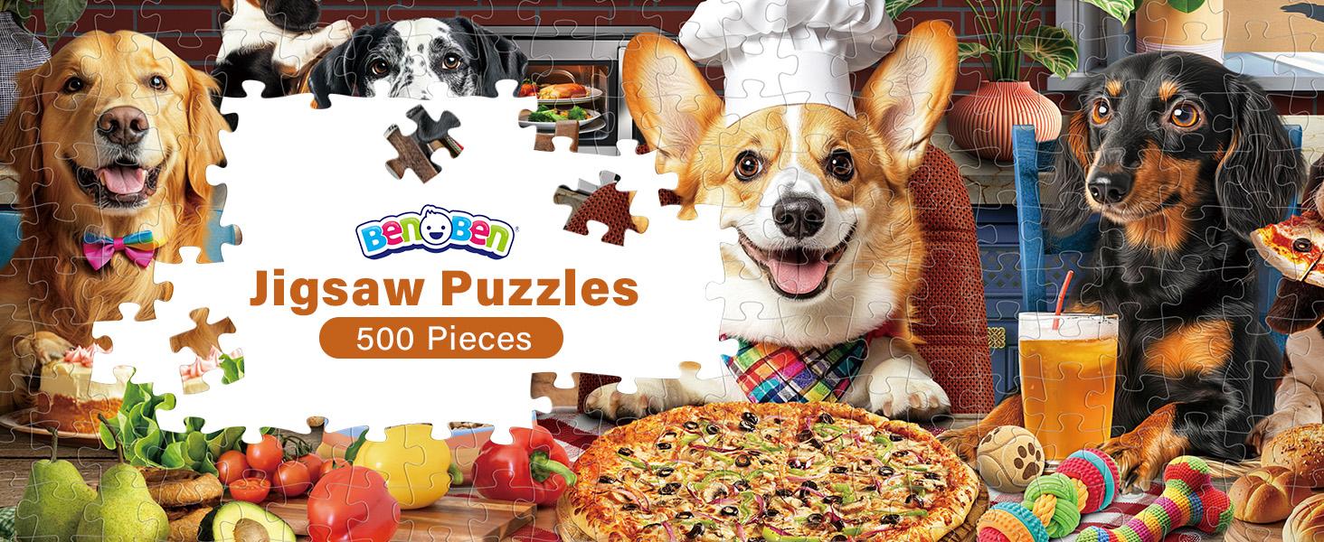 BenBen Puzzles for Adults 500 Pieces Dogs' Dinner Party Jigsaw Puzzle with Patterns on Back Funny Animal Puzzle Challenging for Family Game Night Home Décor Premium Thick Cardboard High-definition Printing 19.5 x 13.75 inches
