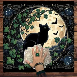 1pc Black Cat Moon Party Decorations Astrology Decor and Spiritual Room Decoration, Home Decor Ornament, Soft Washable Fabric Table Cover for Home and Party Use