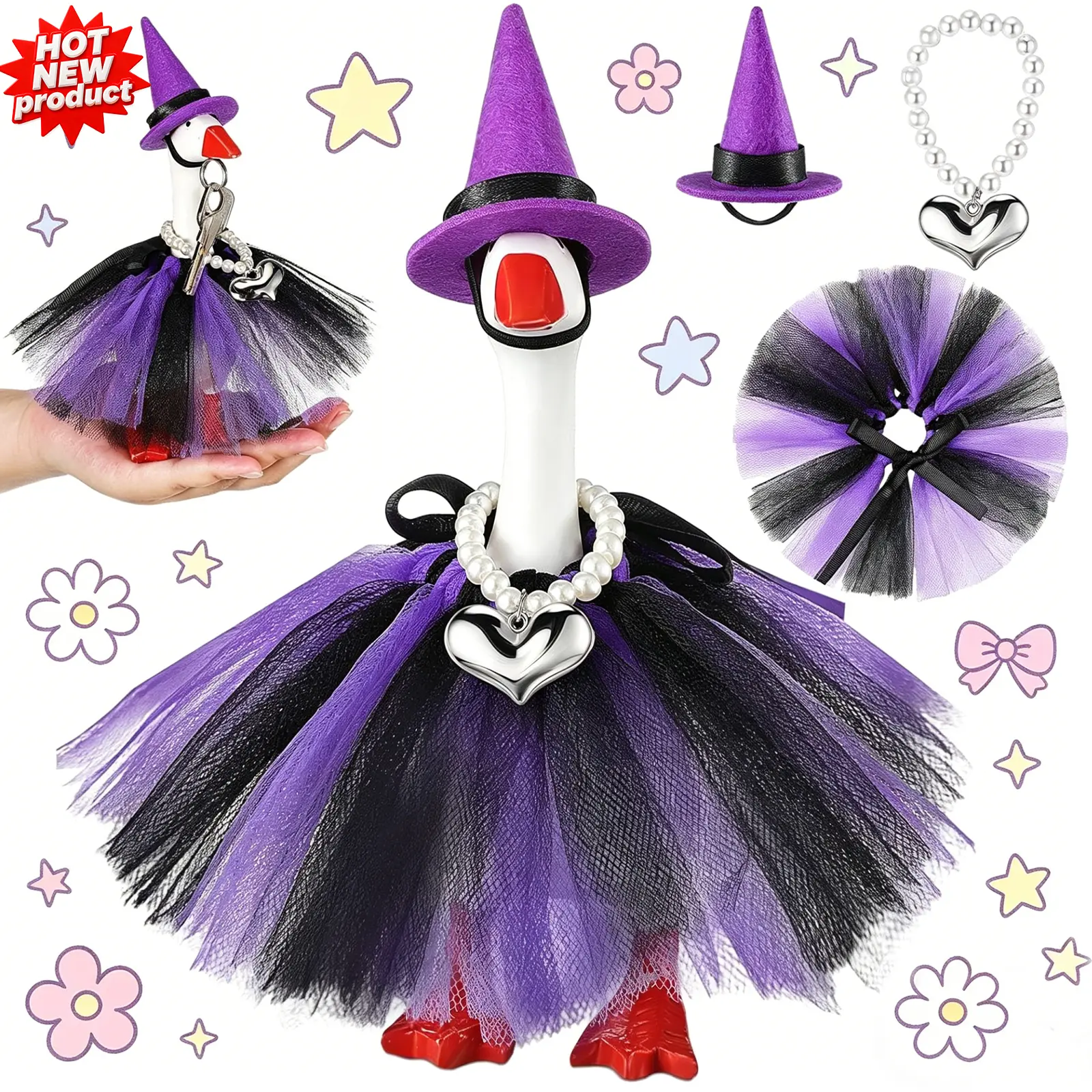 3 Pcs 7 Inch Mini Desk Goose Outfits with Tutu Dress Princess Necklace Hat Holiday Costumes for Fall Thanksgiving Christmas Magnetic Goose Key Holder Decor