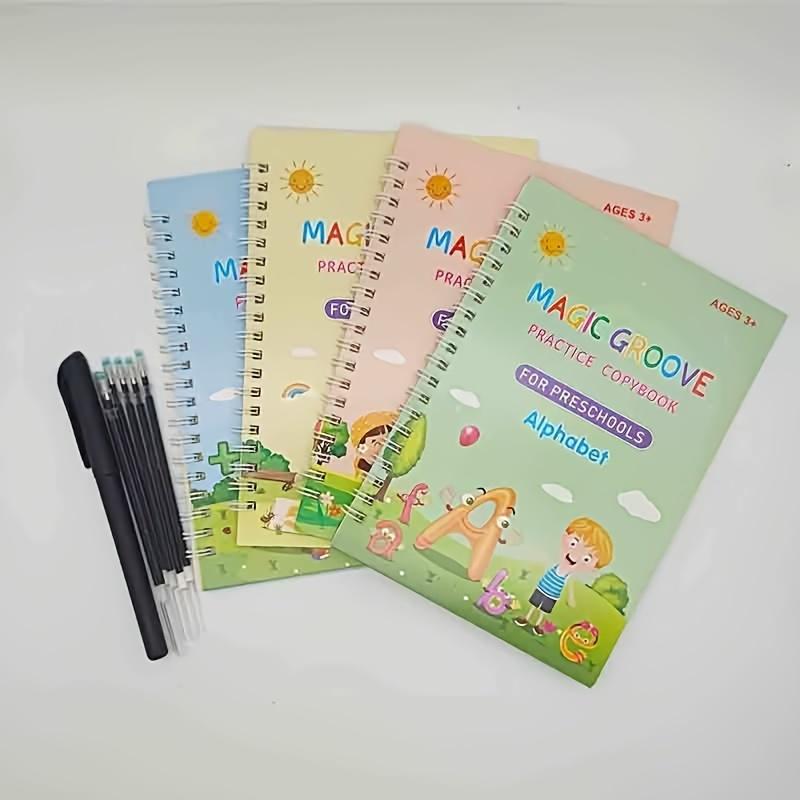 4 Reusable Preschool handwriting practice books, practice notebook set 4 books+1 pen+10 pen cores+1 pen grip, Learning Tools Alphabet Drawing
