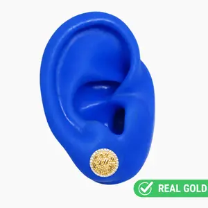 10K YELLOW GOLD NUGGET PAVE CIRCLE STUD EARRINGS