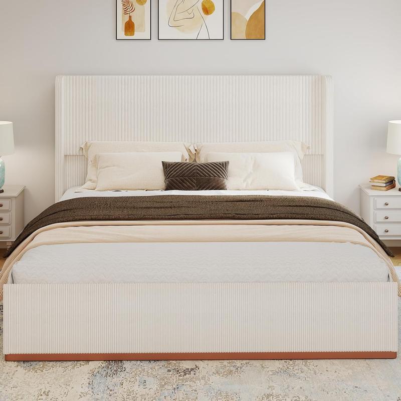 Queen Size Upholstered Bed Frame, Soft Corduroy Platform Bed with 47" Luxury Wingback Headboard, Solid Steel Slats Support, No Box Spring Needed, Noise Free, Easy Assembly, Cream Queen Size Upholstered Bed Frame, Soft Corduroy Platform Bed with 47" Luxury Wingback Headboard, Solid Steel Slats Support, No Box Spring Needed, Noise Free, Easy Assembly, Cream