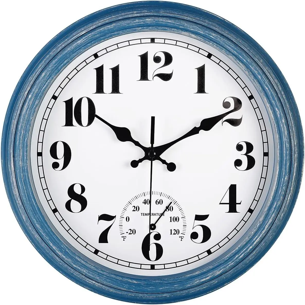 12 Inch Indoor/Outdoor Retro Waterproof Wall Clock with Thermometer Silent Round Quartz Battery Operated Easy to Read Decorative for Kitchen Patio,Bathroom,Deck,Porch,Pool(Blue)