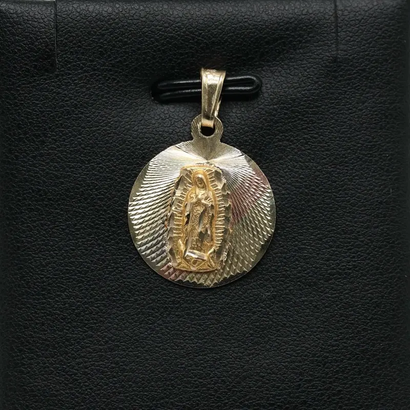 14K Gold Circular Virgen de Guadalupe Pendant with Diamond Cut Intricate Design for Elegant Jewelry