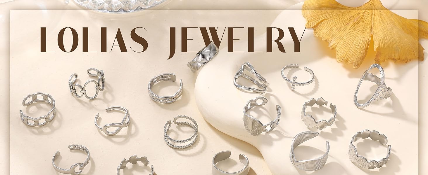 LOLIAS 16Pcs Stackable Stainless Steel Rings for Women Chunky Silver Rings Non Tarnish Ring Open Adjustable Thumb Finger Statement Ring Set Accessories Gifts for Women Girlfriend