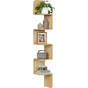 5-Tier Corner Shelf, Wall Mounted Floating Shelf, Zigzag Corner Shelf Unit, PVC Rattan Sides, Space-Saving, for Kitchen, Living Room, Bedroom, Boho Style, Oak Beige ULLS582Y57