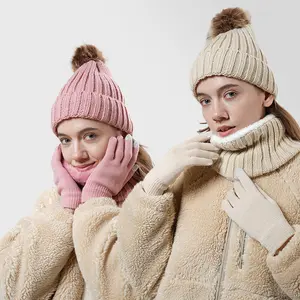Plush three-piece adult warm suit winter hat scarf touch screen gloves