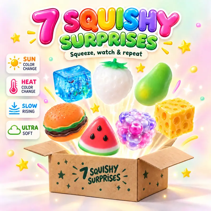 7-Pack Colorful Jelly-Like Sensory Squishy Fidget Toys Gift Set for Kids 5+ - Color Changing Strawberry, Mango, Glow Unicorn Bao, ASMR Bead Cube, Slow-Rise Watermelon, Food & Ocean Squeeze Toys, Birthday Gifts, Party Favors, Bead Cubes