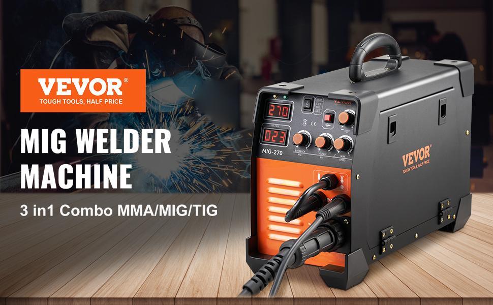 VEVOR MIG Welder, 130-270A Flux Core Welder, 3 in 1 Combo MMA/MIG/LIFT TIG Welder Machine, Portable MIG-130 Welding Machine IGBT Inverter, Automatic Wire Feeding Welder for Stainless Steel
